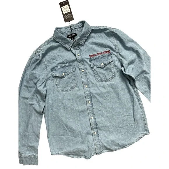 True Religion Denim Light Blue Western Pearl Snap Jean Chambray Mens Shirt Sz M - Picture 2 of 7